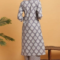 Women Cotton Straight Printed Long Kurti With Palazzos - S