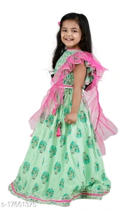 Frilly Cute Green Pink Lehenga Set / L03 - 9-10 years