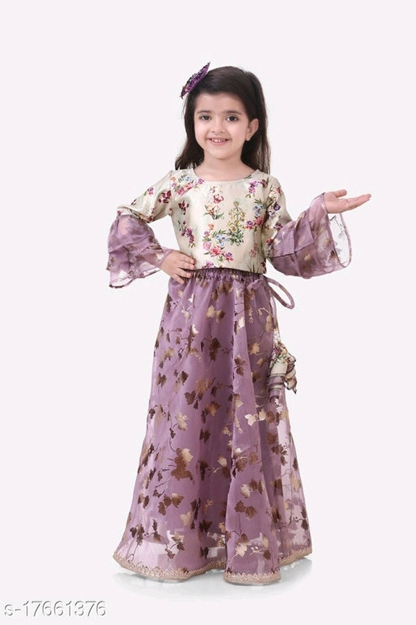 L04/ Floral Top with Wine Organza Skrit Set - 9-10 years