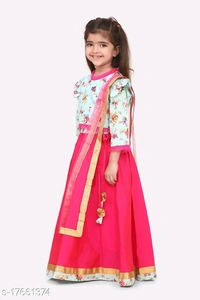 L05/ Floral Sea Green Choli with Hot Pink lehenga with Dupatta Set - 2-3 years