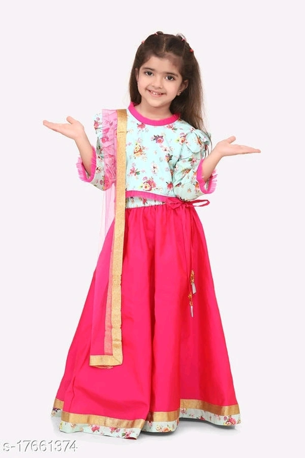 L05/ Floral Sea Green Choli with Hot Pink lehenga with Dupatta Set - 2-3 years