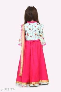 L05/ Floral Sea Green Choli with Hot Pink lehenga with Dupatta Set - 4-5 years
