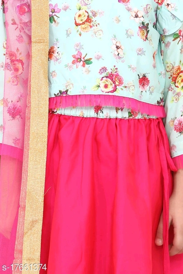 L05/ Floral Sea Green Choli with Hot Pink lehenga with Dupatta Set - 4-5 years