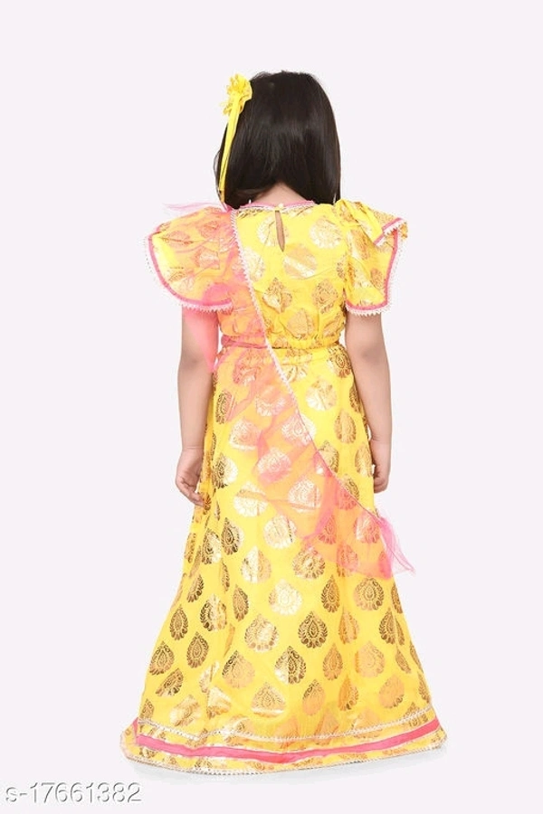L06 / Bright Yellow Motif Ruffle Lehenga Set  - 3-4 years