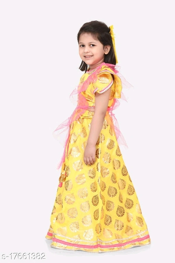 L06 / Bright Yellow Motif Ruffle Lehenga Set  - 7-8 years