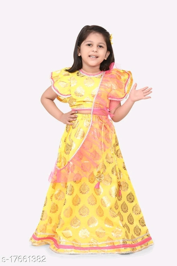 L06 / Bright Yellow Motif Ruffle Lehenga Set  - 7-8 years