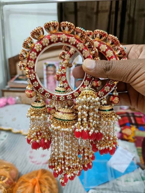 Kundan Studded Bangles Set of 2 - Red, Free Size