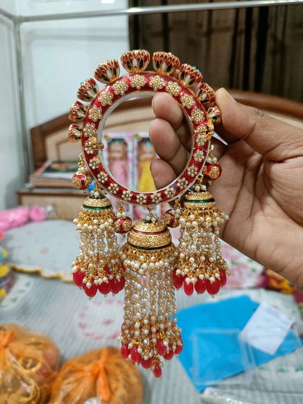 Kundan Studded Bangles Set of 2 - Red, Free Size