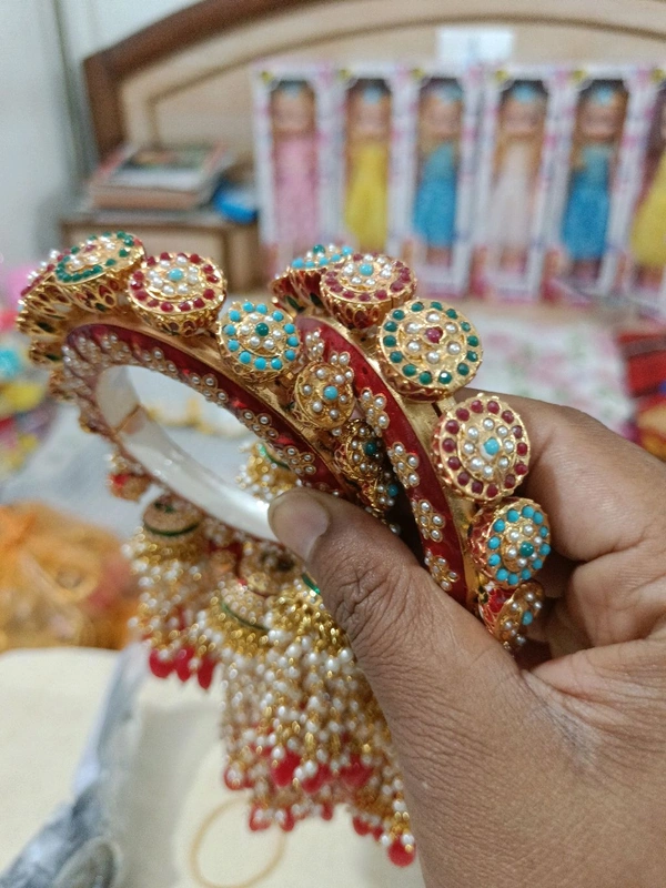 Kundan Studded Bangles Set of 2 - Red, Free Size