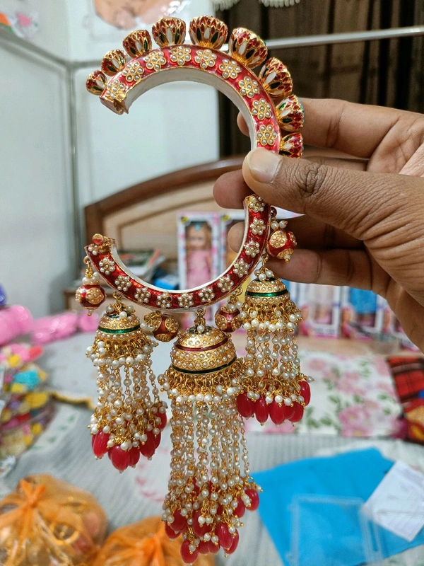Kundan Studded Bangles Set of 2 - Red, Free Size