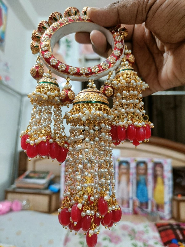 Kundan Studded Bangles Set of 2 - Red, Free Size