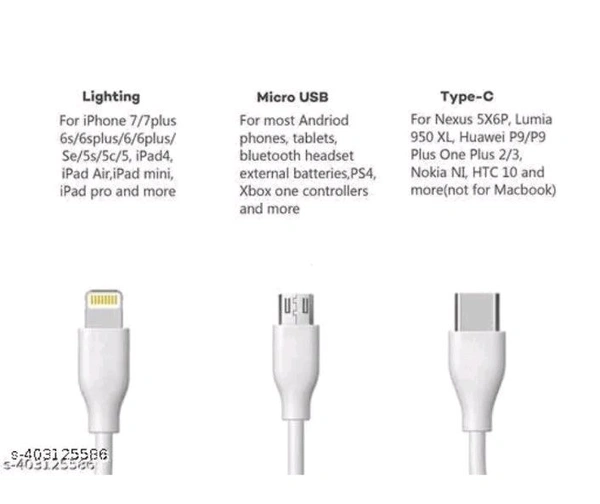 Fast Charger 3in1 TypeC,Micro,iPhone Cable...... - Mercury, Free Size
