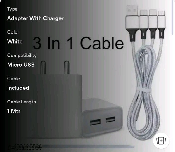 Fast Charger 3in1 TypeC,Micro,iPhone Cable...... - Mercury, Free Size