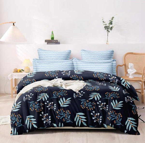 Royal Blue leaves Double Bedsheet With Two Co-ordinated Pillow Covers (1+2) Set - Royal Blue