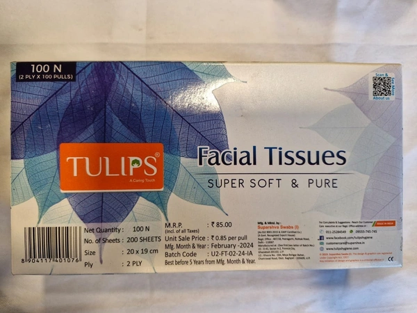 Tulips Facial Tissues Super soft & Pure - 100 N Pulls, NA, NA