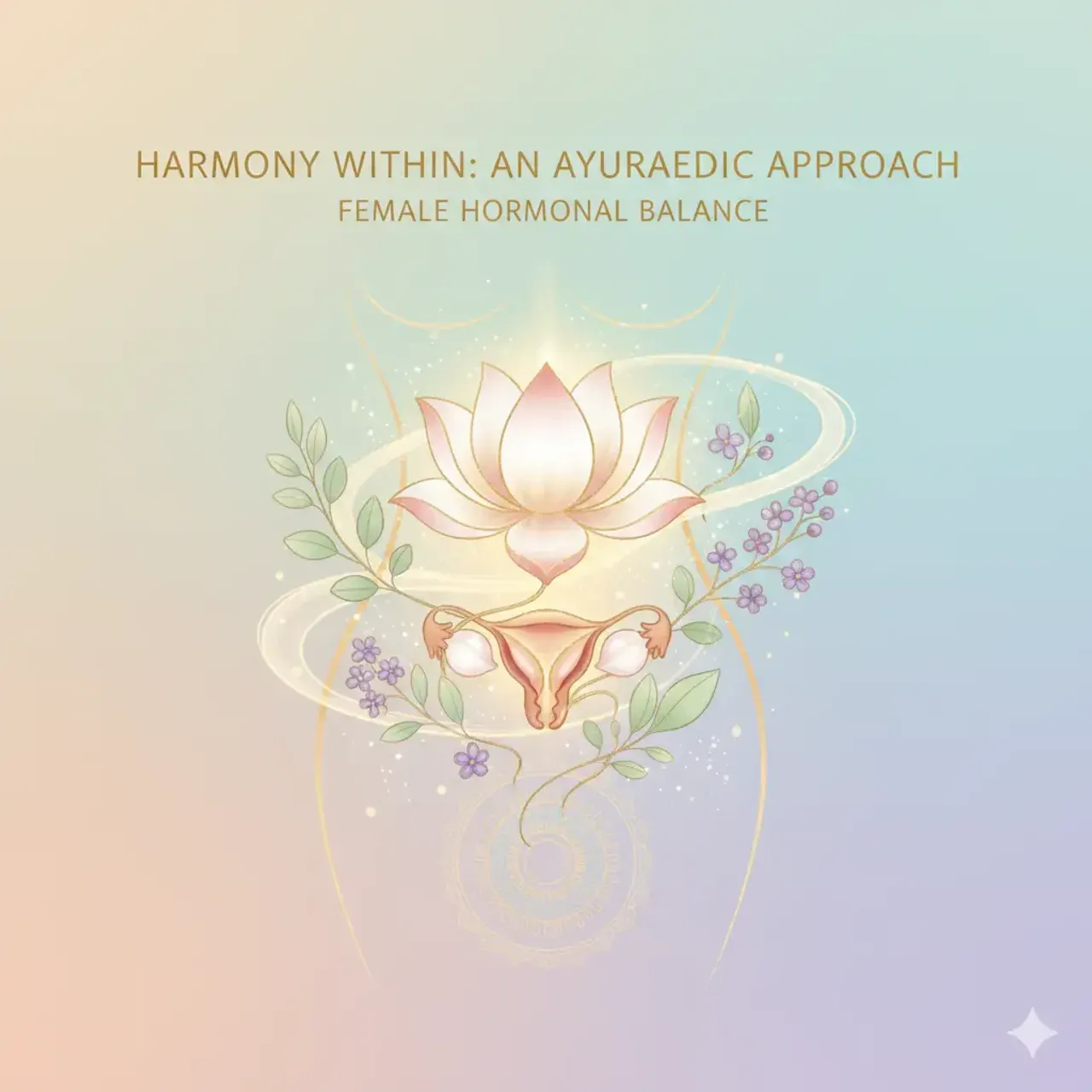 “An Ayurvedic illustration showing a woman’s hormonal balance with ovaries, lotus flower, and herbs like Shatavari and Lodhra, representing PCOD Ayurvedic treatment by Zane Ayurveda.”