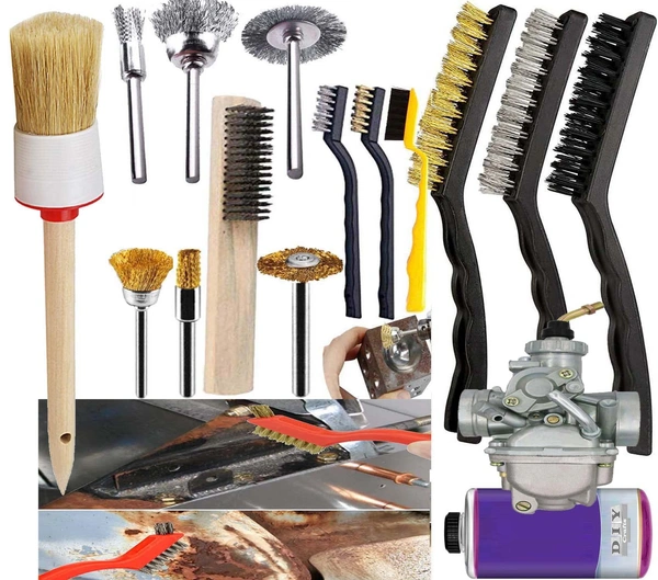 DIY Crafts 16, 16x Detailer Kit, Nylon,Brass,Metal Wire Curved Handle, 3-9"inch 6x Mini 5x Medium 5x Big Bristle Brushes Clean for Dirt Amp Dash Board Rim Engine Carborator, Carburator Cleaning (16) - 16, As 1st Image Kit