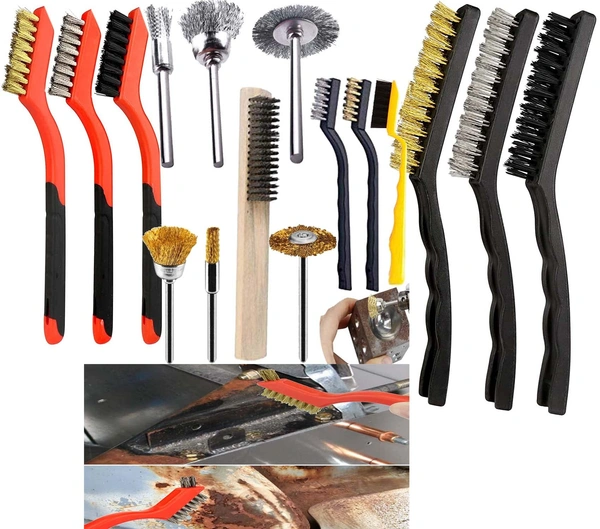 DIY Crafts 16, 16x Detailer Kit, Nylon,Brass,Metal Wire Curved Handle, 3-9"inch 6x Mini 5x Medium 5x Big Bristle Brushes Clean for Dirt Amp Dash Board Rim Engine Carborator, Carburator Cleaning (16) - 16, As 1st Image Kit
