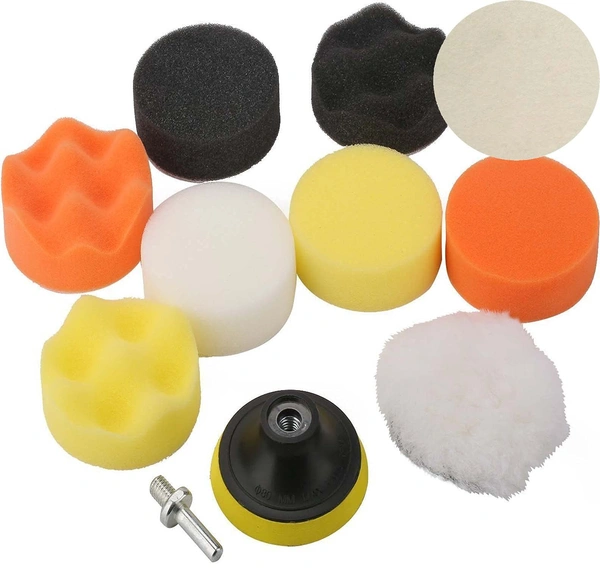 DIY Crafts 44, 3"inch/80mm Compound Drill Buffing Sponge Pads Kit for Car Sanding, Polishing, Waxing, Sealing Glaze (9 Polishing Pads+1 Woolen Buffer+1 Thread Drill Adapter with Sh (44) - Standard, Multi