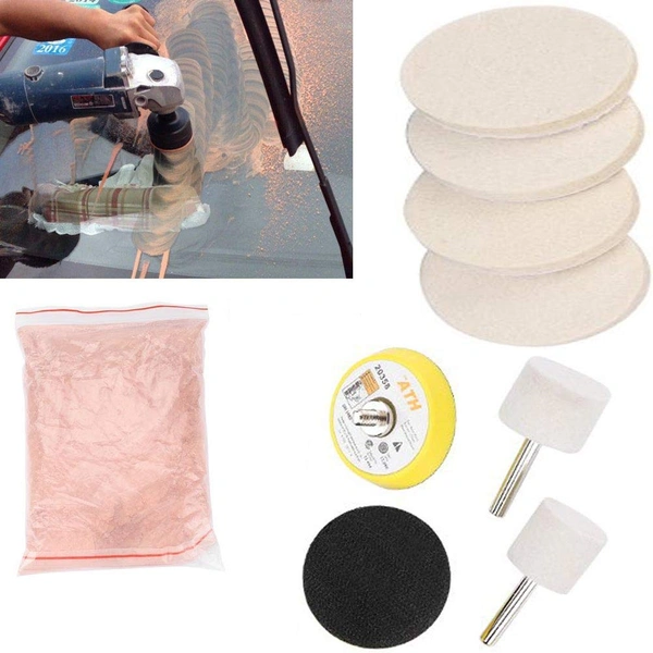 DIY Crafts Buffing Polishing Accessories Glass Scratch Remover Powder 1.75 Oz; Felt Wheel; Disc; Drill Adapter; Cloth; Backer Pad (3 inch Set; Cerium Oxide)"(6"inch Set, 500 Grm Cerium Oxide) - 6"inch Set, 500 Grm Cerium Oxide