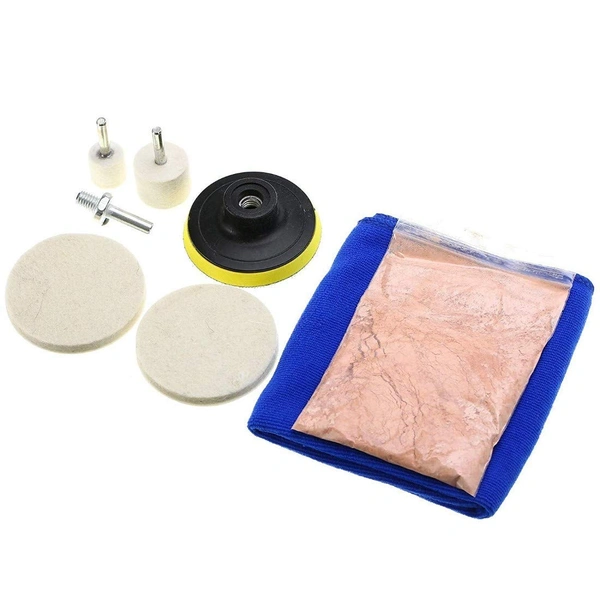DIY Crafts Buffing Polishing Accessories Glass Scratch Remover Powder 1.75 Oz, Cerium Oxide Powder, Felt Wheel, Disc, Drill Adapter, Pad, Cloth, Backer Pad (7"inch Set, 100 Grm Cerium Oxide) - 7"inch Set, 100 Grm Cerium Oxide