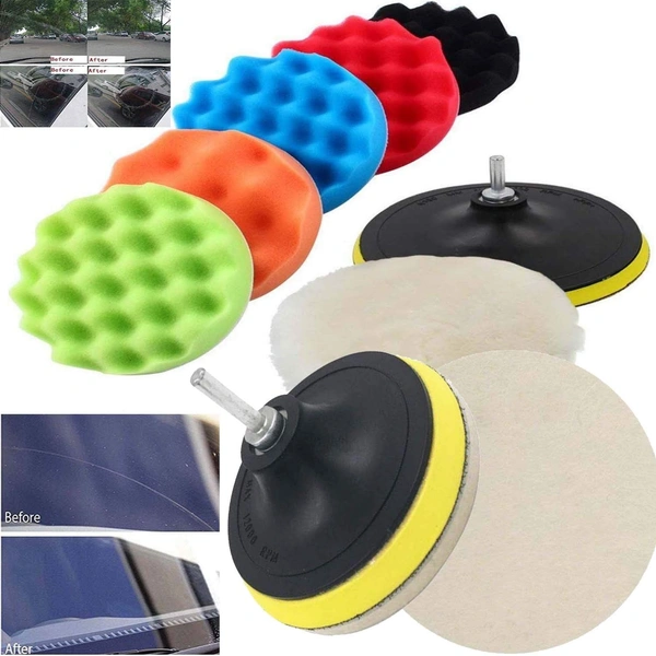 DIY Crafts 7" inch Wax Polishing Buffing Pad Kit Car Polishing Buffer Set + Felt & Fur Pads with M10/14 Drill Adapter For Auto DIY Crafts Works (Pack of 7 Pcs, Combo Kit) - Pack of 7 Pcs, Combo Kit
