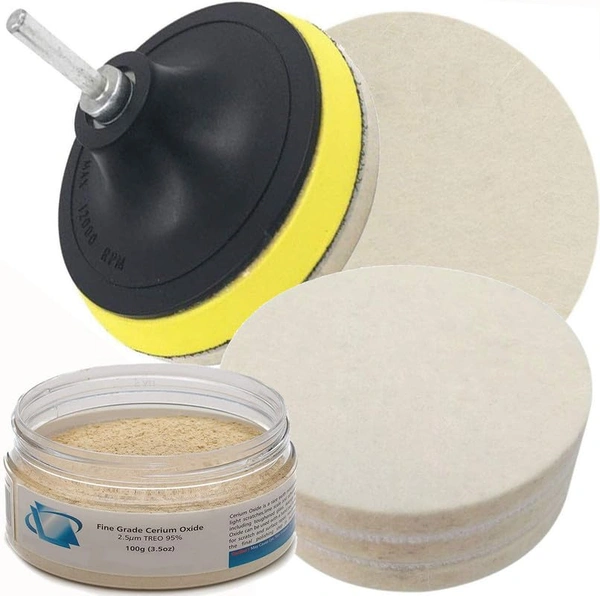 DIY Crafts Pack Of 3 Kits, 4" inch Set, 100 Grm Cerium Oxide + Backing Pad + Universal Nut + Wool Polisher Polishing Clean Buffing Pad Bonnet for (Pack Of 3 Kits, 4" inch Set) - Pack Of 3 Kits, 4" inch Set