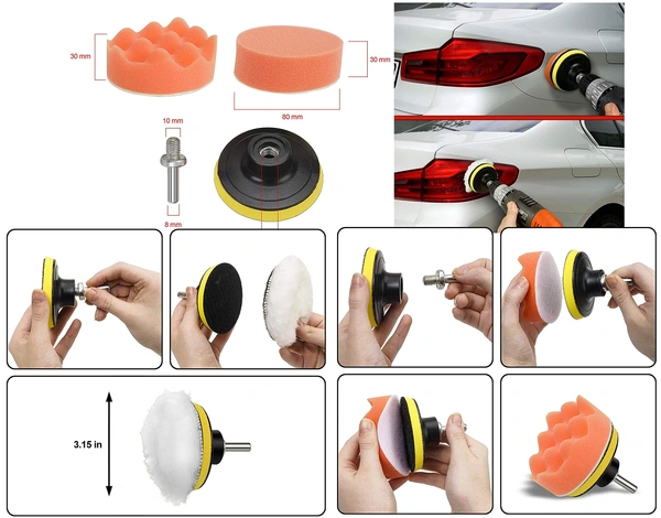 DIY Crafts Polishing Pads Sponge Woolen Polishing Waxing Buffing Pads Kits Polishing Compound Drill Buffing Sponge Pads Kit for Car Drill Adapter Kit (10 Pcs 3" inch Kit, 3" inch Kit.) - 10 Pcs 3" inch Kit, 3" inch Kit.