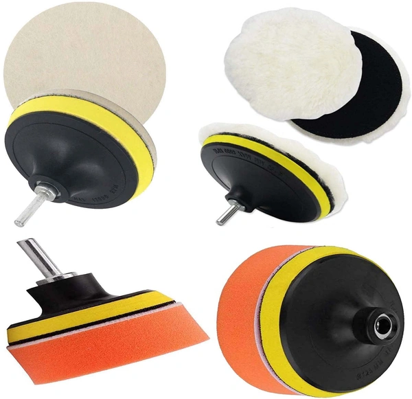 DIY Crafts Sponge & Felt Woollen Polishing Pads Kits with Backer Pad + M10/14 Drill Adapter (Multicolour) (Pack of 4 Pcs, 4" inch,) - Pack Of 4 Pcs