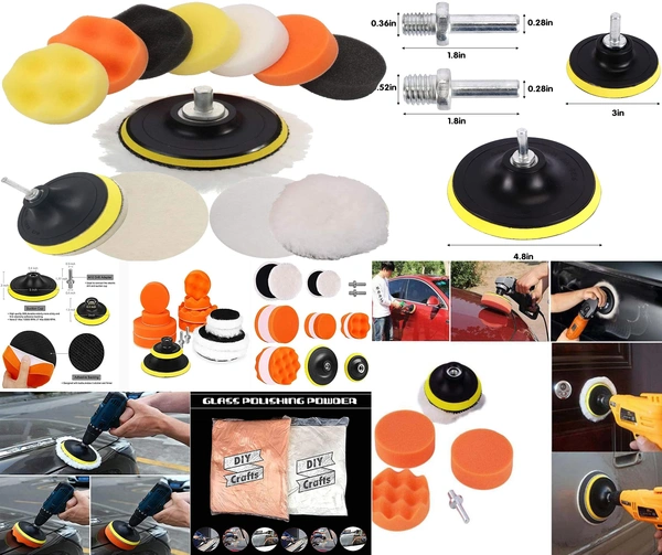 DIY Crafts With 5x Felts Pads, 6" inch Kit, Pack of 12-17x / 1-7"inch Compound Drill Buffing Sponge & Felt Pads Kit for Car Sanding,(With 5x Felts Pads, 6" inch Kit) - With 5x Felts Pads