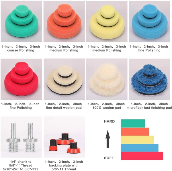 DIY Crafts With 7x Felt Pad, 3"inch 9 Pcs Kit, 9-14 Pcs Drill Buffing Pad Detail Polishing Pad Mix Size Kit 5/8-11 Thread Backing pad & Adapters for Car Sandi (With 7x Felt Pad, 3"inch 9 Pcs Kit) - With 7x Felt Pad, 3"inch 9 Pcs Kit