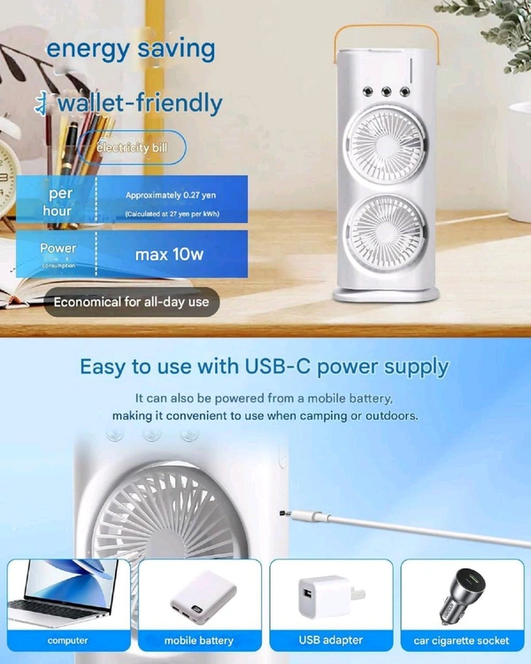 Portable Double End Air Cooler Fan 3 Wind Speeds and 3 Spray Modes Cooler Fan Mist Cooler Fan