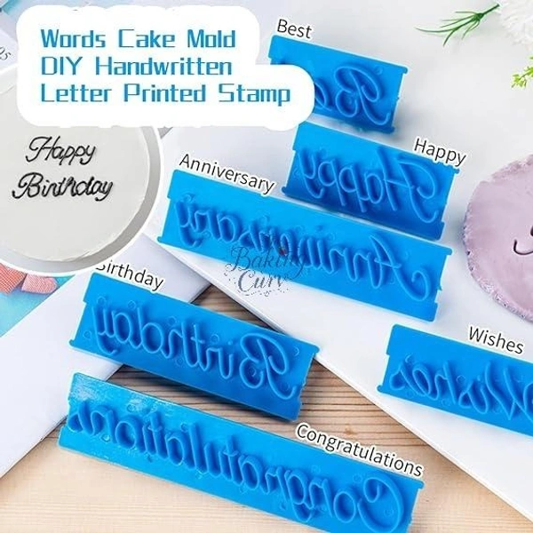 6Pcs Cake Words Stamp, Happy Birthday Best Wishes Congratulation Anniversary Handwritten Letter Cutter