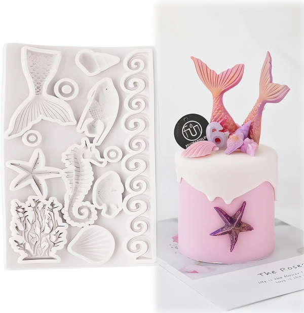 The Baking Curv Fondant Mold, 3D Ocean Animal Silicone Mermaid Mold, Seahorse, Seaweed, Shell, Decorative, Silicone Molding