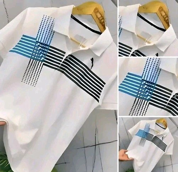 Men Striped Polo Neck Cotton Blend White T-Shirt - White, White, L