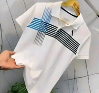 Men Striped Polo Neck Cotton Blend White T-Shirt - White, White, L