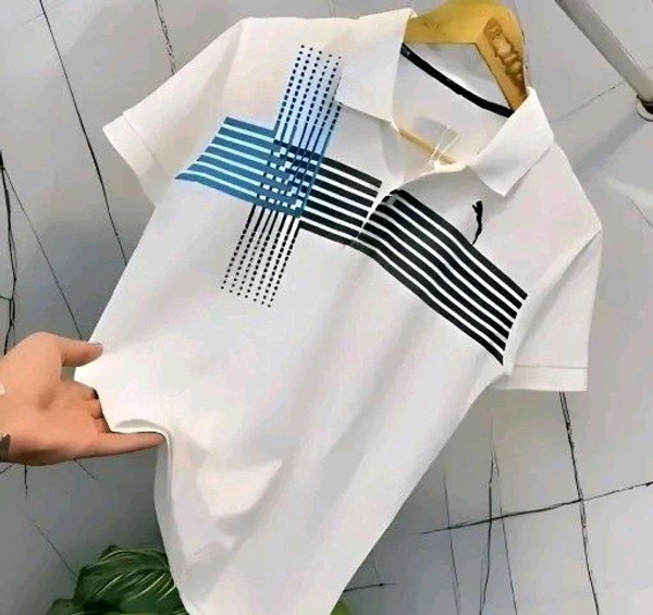 Men Striped Polo Neck Cotton Blend White T-Shirt - White, White, L