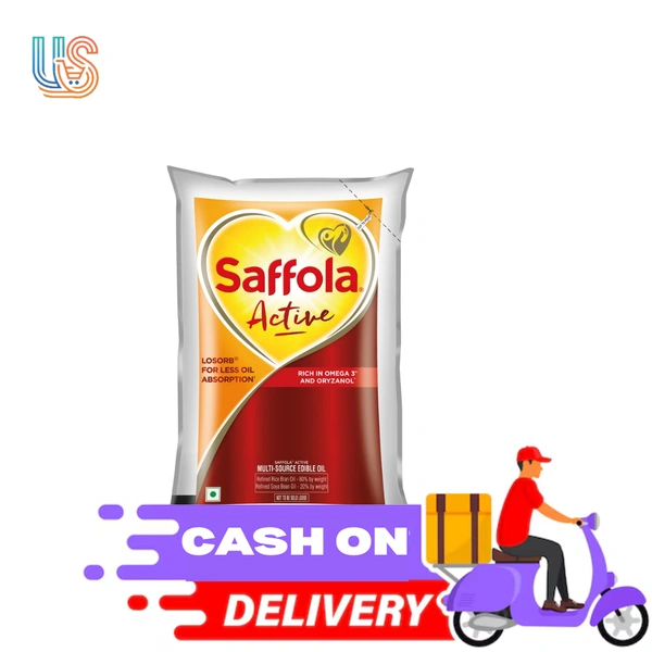 Saffola Active, Rich in Omega 3 and Oryzanol, Multi-Source Edible Rice Bran & SoyaBean Blended Oil Pouch (Mix Tel)   - 1Ltr Pouch
