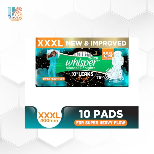 Whisper BINDAZZZ NIGHTS XXXL, UPTO 0% LEAKS ALL NIGHT LONG Sanitary Pad   - (Pack of 10)