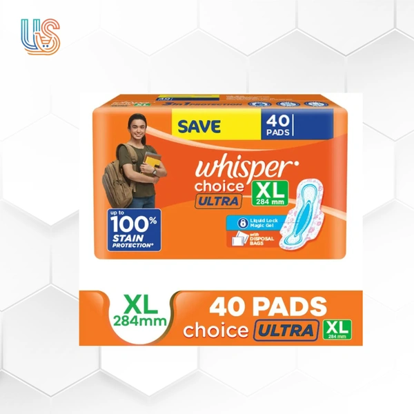 Whisper CHOICE ULTRA XL, UPTO 100% STAIN PROTECTION ALL DAY Sanitary Pad  - (Pack of 40)