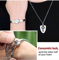 AJS Heart Lock and Key Silver Stainless Steel Cubic Zirconia Couple Bracelet Pendant Necklace Set for Men and Women Valentine Gift - Free Size, Silver