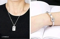AJS Heart Lock and Key Silver Stainless Steel Cubic Zirconia Couple Bracelet Pendant Necklace Set for Men and Women Valentine Gift - Free Size, Silver