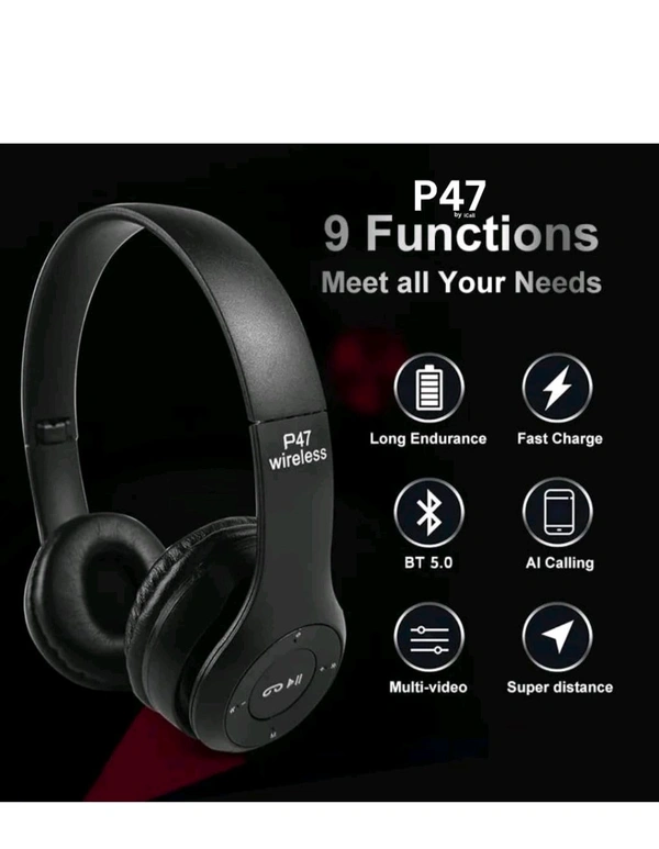 Bluetooth Neckband icall P47 Bluetooth Over Ear Headphones Wireless with Mic (Black) - Black, 12