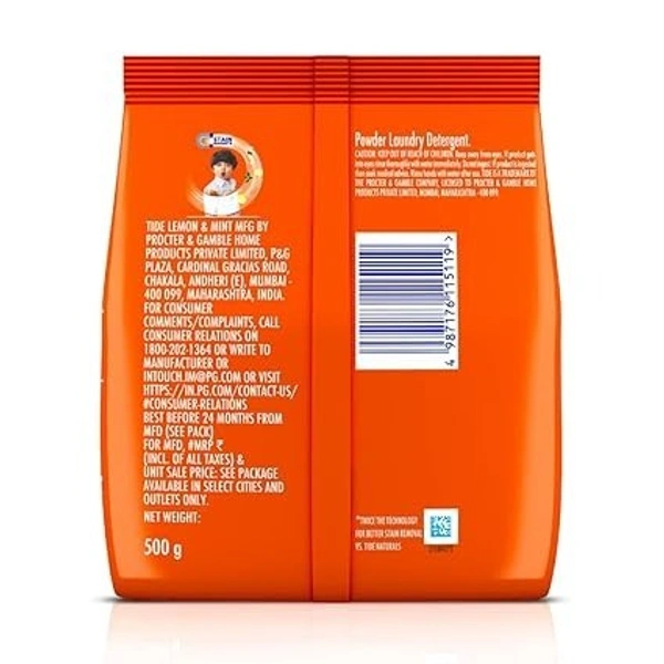 Tide Plus Detergent Washing Powder - 500g | Lemon & Mint Fragrance| Removes deep-seated Oil, Gravy, Tea Stains | 500 gm, Pack of 1