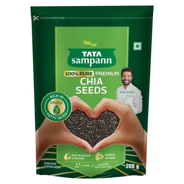 Tata Sampann Pure Chia Seeds, 200g, Rich in Calcium & Protein, Source of Iron, Trans Fat Free, Rich in Magnesium, Rich in dietary fibre, Rich In Omega 3 Fatty Acid