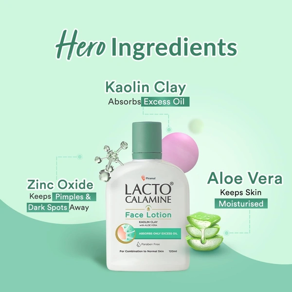 Lacto Calamine Face Lotion | 120ml | Daily Moisturizer For Face - Combination To Normal Skin | Kaolin Clay & Aloe Vera | Abosrbs Excess Oil | Fights Pimples, Darkspots & Blackheads | Body Lotion - 60ml
