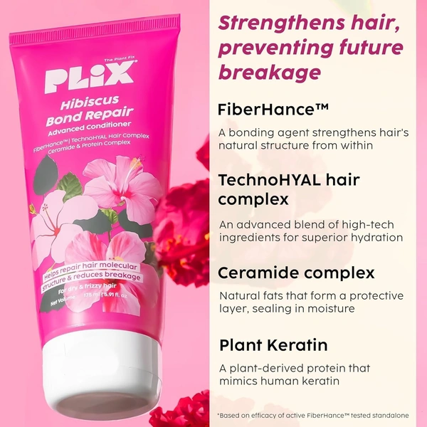 PLIX - THE PLANT FIX - Hibiscus Bond Repair Shampoo (200ml) + Conditioner (175ml) | Repairs Molecular Structure & Reduces Breakage | FiberHance™ & TechnoHYAL Hair Complex