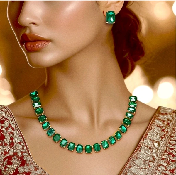 Single-Line Emerald Necklace Set With Earrings - Free