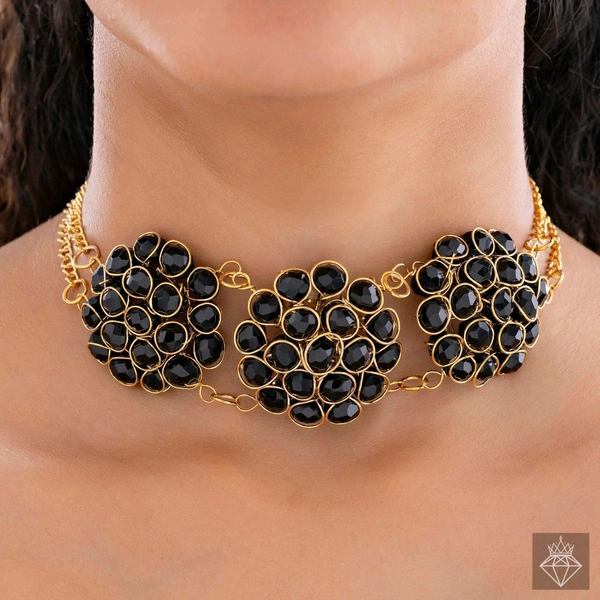 Stunning Black Crystal Beads Gold Choker Necklace Set With Earrings
