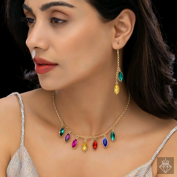 Anti-Tarnish Multicoloured Crystal Necklace Set With Earrings